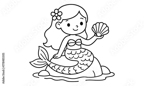 Cute mermaid coloring page with seashell in black and white