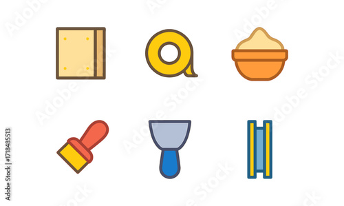 Home improvement tools set featuring tape, brush, putty knife, and more in flat design
