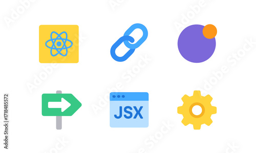 Flat design technology icons featuring react, linking, and jsx themes