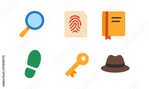 Detective icons: magnifying glass, fingerprint, and key with flat design