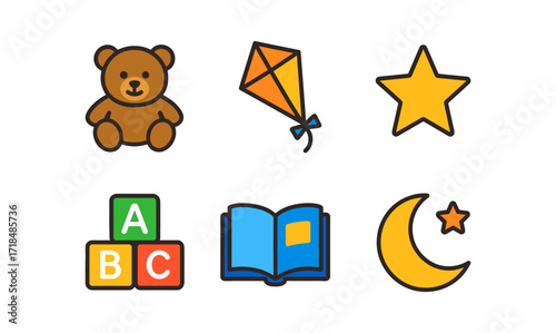 Colorful cartoon icons of toys and learning objects for kids' design projects
