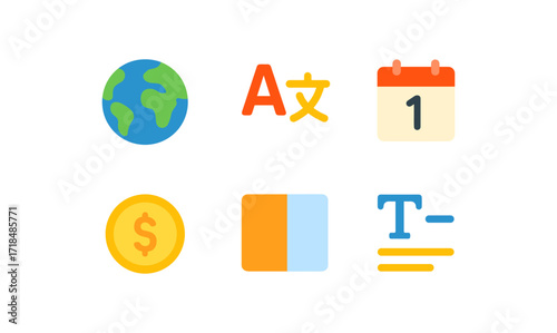 Colorful set of flat modern icons for global language, calendar, currency, and text tools