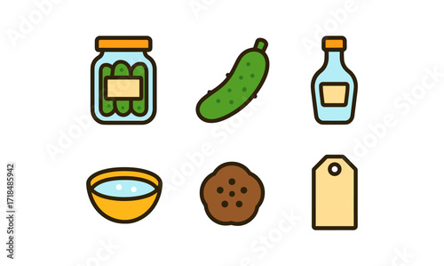 Colorful icons of pickles and kitchen ingredients in flat design
