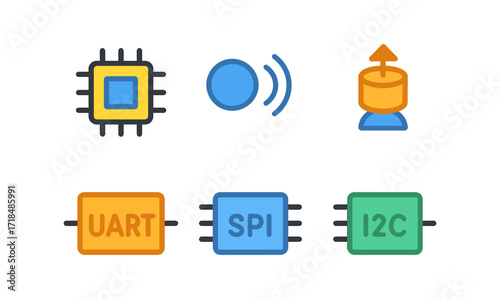 Microchip communication icons: uart, spi, i2c for technology design