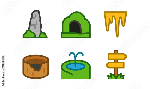 Nature icons: rock, cave, stalagmite, geyser, fountain, signage