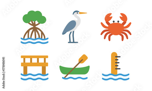 Coastal wildlife and activities flat icon set with crab, heron, and boat