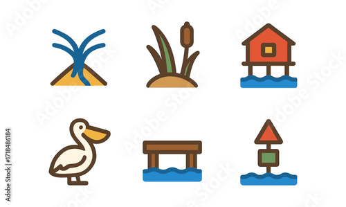 Colorful lake icons set: nature, wildlife, and structures in simple line art style