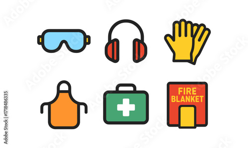 Safety equipment icons: goggles, headphones, gloves, apron, first aid kit, fire blanket