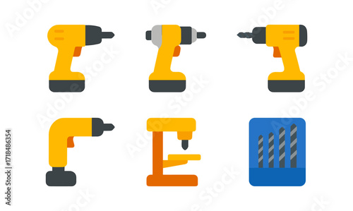 Collection of modern flat style power tool icons with drill bits