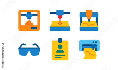 Set of colorful flat icons of 3d printing and laser equipment