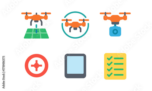 Drone technology icons for aerial photography and navigation in flat design