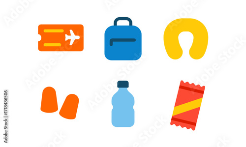 Essential travel icons: tickets, luggage, neck pillow, earplugs, water, snack