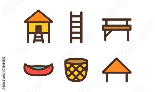 Minimalist camping icons: hut, ladder, canoe, basket, table symbols
