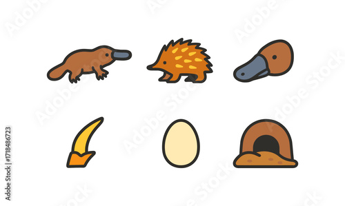 Flat style platypus and echidna icons with egg and burrow elements