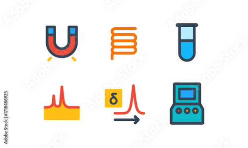 Colorful science icons: flat style magnetic, chemical laboratory elements