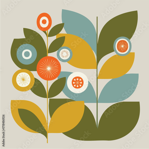 Geometric floral arrangement with stylized leaves and flowers in a retro, mid-century modern design.