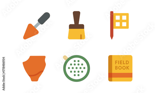 Flat archaeology tools icons set: trowel, brush, flag, shard, sieve, field book