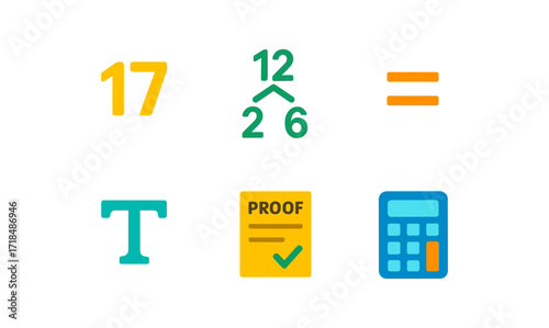 Bright mathematical icons: fractions, equations, text, and calculations in minimalist design