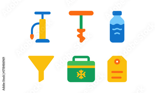 Colorful camping equipment icons set with simple flat design