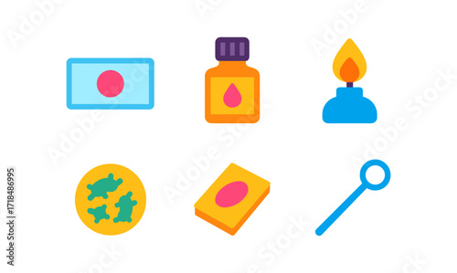 Flat design science experiment icons with candle, petri dish, dropper, microscope slide, and reagent bottle