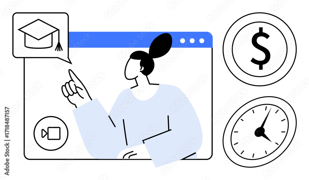 custom made wallpaper toronto digitalWoman pointing to graduation cap icon within video call interface. Nearby dollar symbol and clock convey cost and time aspects. Ideal for e-learning, education, time management, budgeting