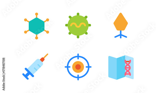 Colorful icons representing viruses, vaccines, dna, targets, and syringes