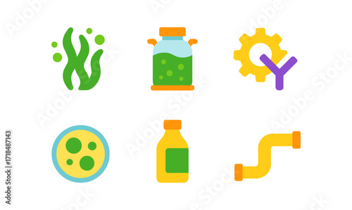 Colorful biotechnology icons set featuring algae, lab equipment, and industrial symbols