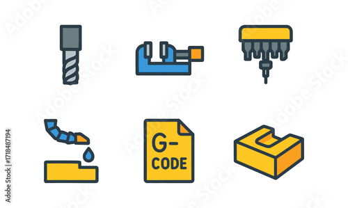 Colorful linear icons of cnc machining tools and components for industrial use