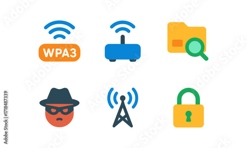 Network security symbols: wpa3, wi-fi router, file search, hacker, antenna, lock