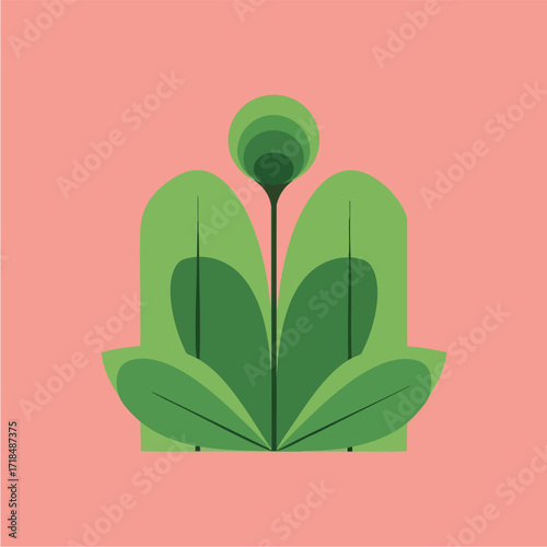 Stylized plant illustration with green leaves and a flower on a pink background, created with a geometric and layered design.
