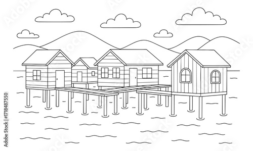 Stilt village coloring illustration with simple design for relaxing activity and creativity