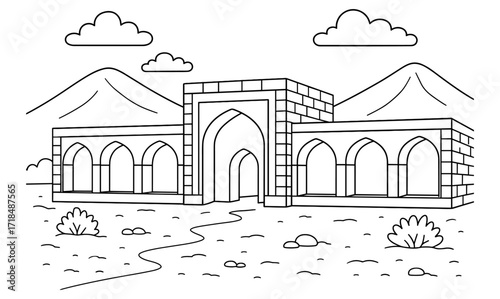 Outline illustration of desert caravanserai with mountains and clouds for travel poster or educational material