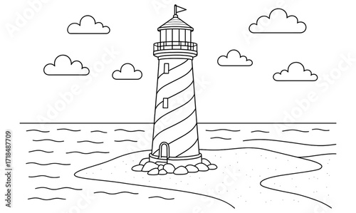 Spiral lighthouse coloring page for kids and adults – simple nautical scene for relaxation and creativity