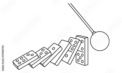 Domino chain reaction concept with simple line art design for educational illustration