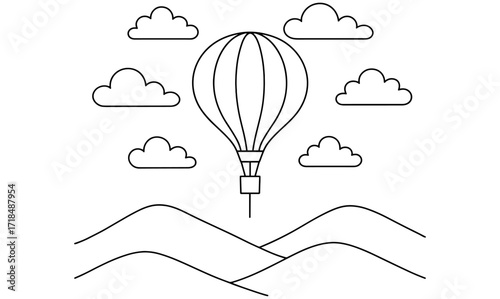 Minimalist weather balloon adventure with clouds and hills for art illustration