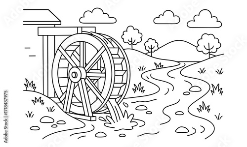 Water wheel landscape scene for coloring - simple design for kids