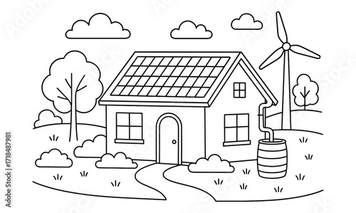 Sustainable home with solar panels and wind turbine illustration for eco-friendly living designs