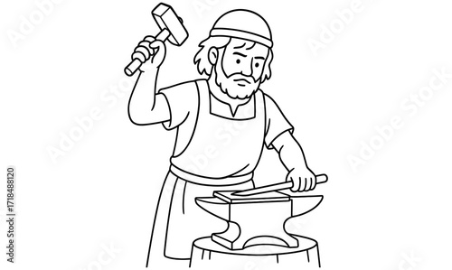 Bronze age smith at work - historical coloring page illustration for educational and creative activities