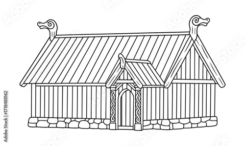 Viking longhouse illustration for coloring pages - historical architecture design for educational and recreational use