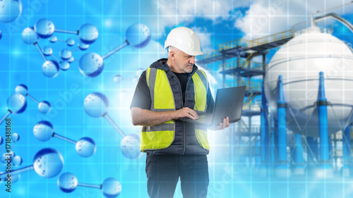 Hydrogen industry. Man engi...