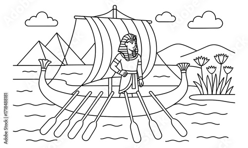 Ancient egyptian pharaoh sailing on the nile river with traditional boat and pyramids in background for cultural illustrations and educational designs