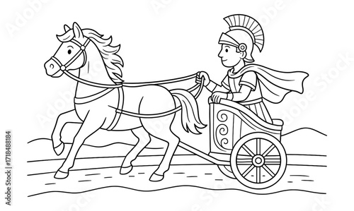 Roman chariot coloring page for kids featuring ancient warrior and horse scene