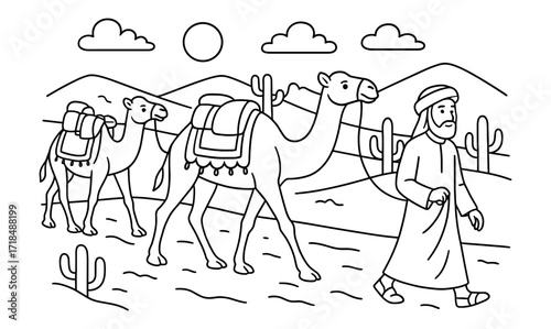 Silk road journey with caravan traveling through desert landscape for historical illustration design
