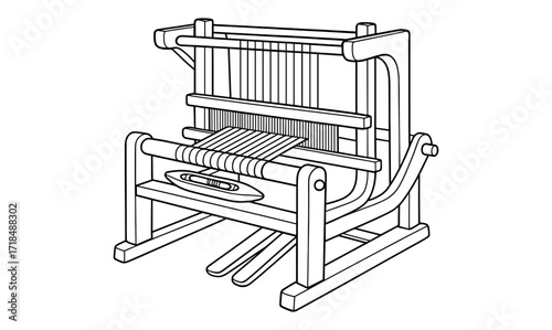 Traditional village weaving loom illustration for textile design and craft education