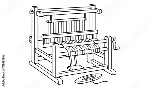 Traditional village weaving loom with shuttle illustration for textile design and crafts