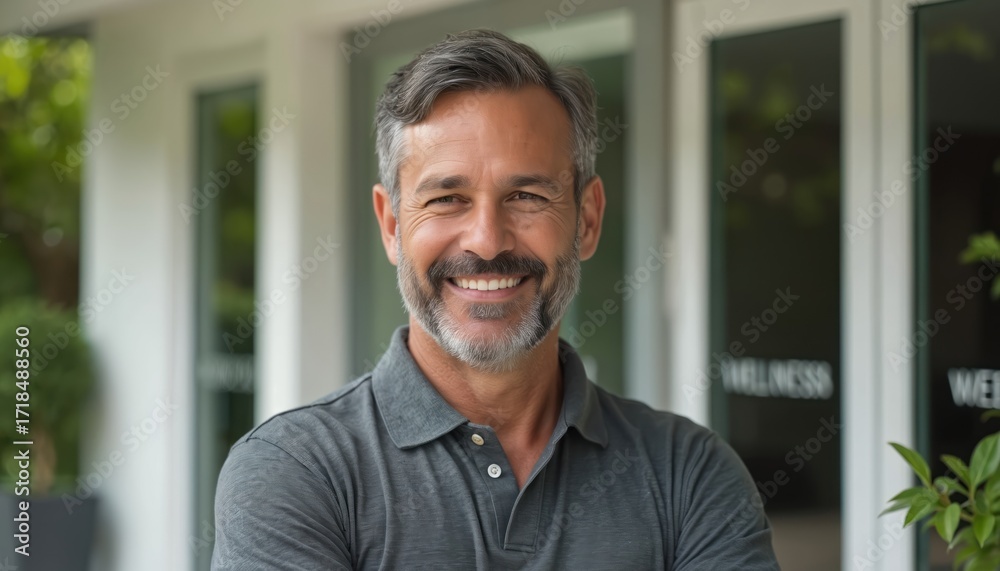 Fototapeta premium Mature Hispanic man, wellness center owner, smiles confidently outside business. Wears grey polo shirt, exuding professionalism, approachability. Portrait captures entrepreneurship, healthy lifestyle.