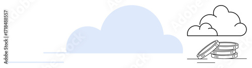 Stacked coins in front of simplified clouds, signifying digital finance, cloud storage, investment, economy, saving, e-commerce. Ideal for fintech digital banking or cloud-based services. Simple
