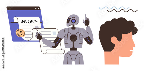 Robot managing invoice processing via digital system beside a human profile with brainstorming wave lines. Ideal for automation, AI, innovation, finance, collaboration, workflow, efficiency. Modern