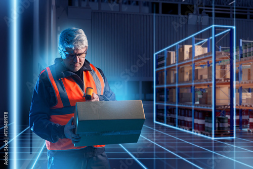 Man warehouse worker holds ...