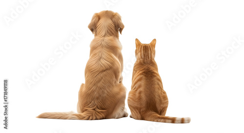 Golden Retriever dog and ginger cat sitting together viewed from behind.
